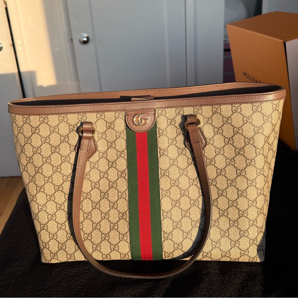 Gucci Beige and Brown Tote with Green and Red Stripe